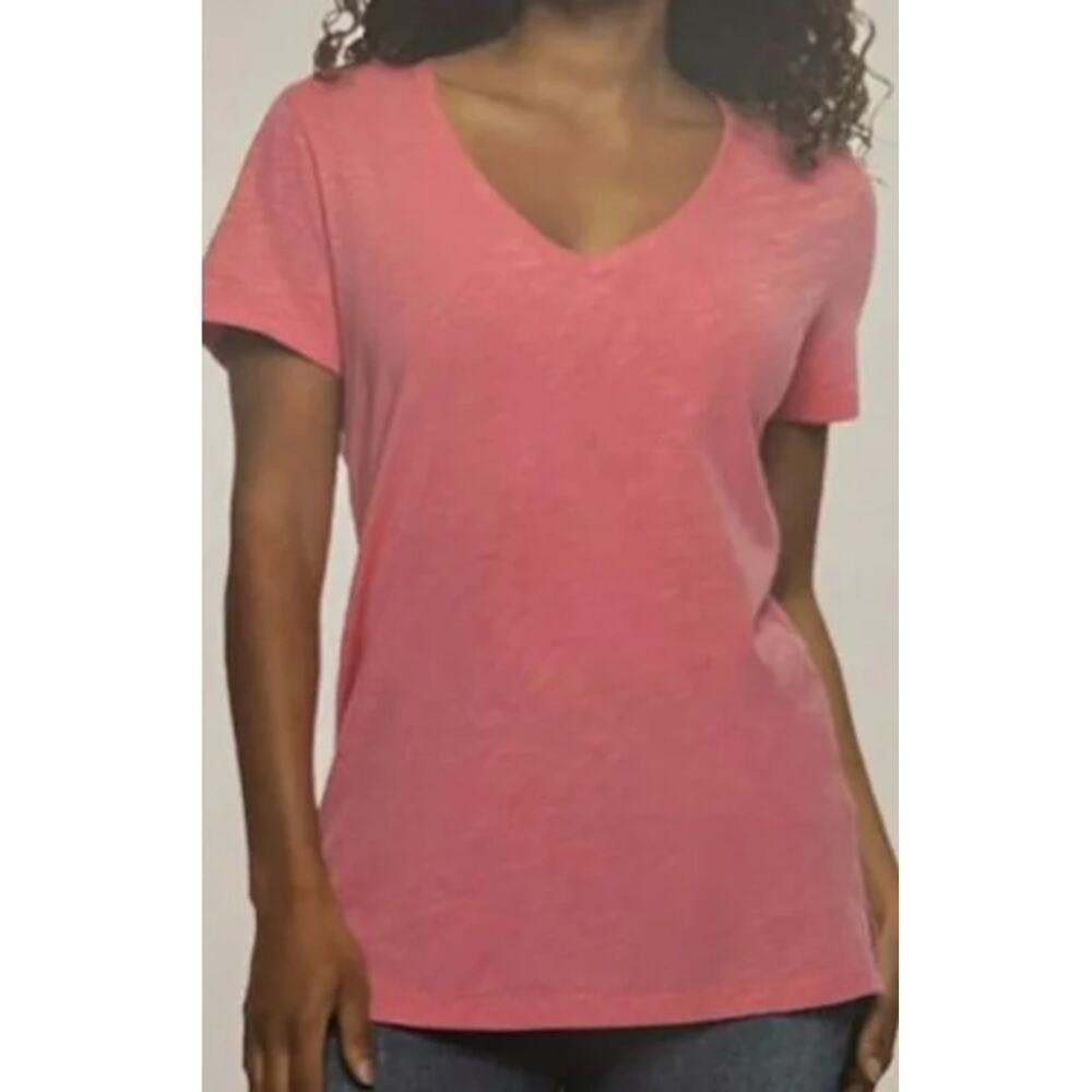 *FELINA Ladies' Slub Jersey V-Neck Short Sleeve Top, Pink Chateau Rose - Medium